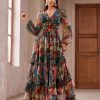 Summer Casual Dresses for Women 2024 Spring Fashion Boho V Neck Long Sleeve Ruffle Floral Print Elegant Maxi Dress