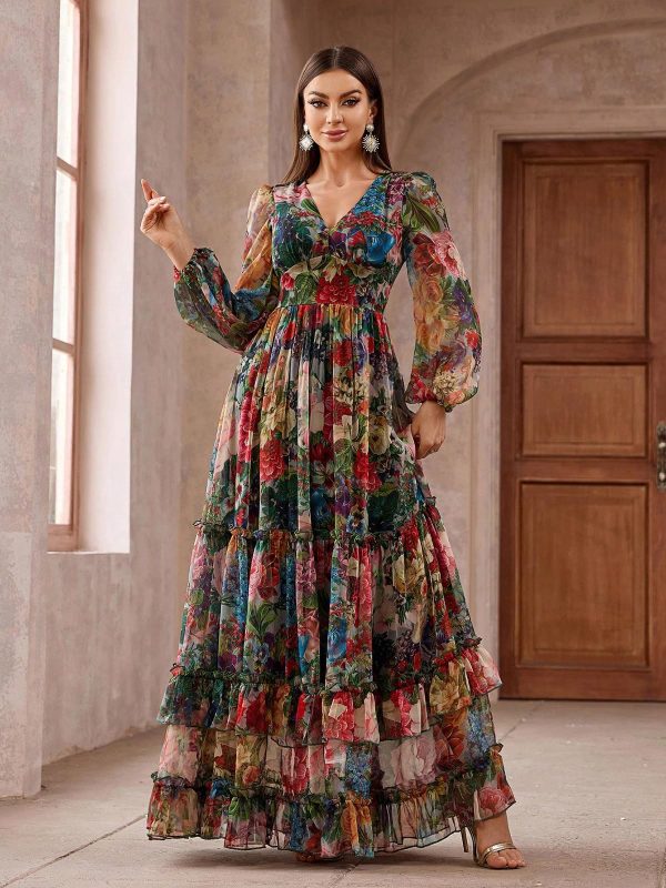 81uRyUkGH4L.jpg Summer Casual Dresses for Women 2024 Spring Fashion Boho V Neck Long Sleeve Ruffle Floral Print Elegant Maxi Dress