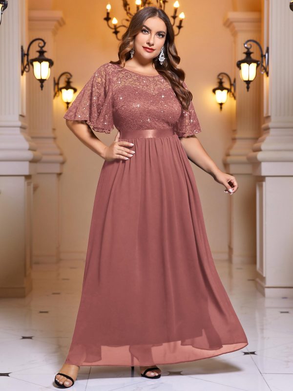 81uZk543uxL.jpg Women's Plus Size Sequin Lace Round Neck Butterfly Sleeves Formal Evening Maxi Dress