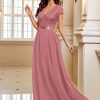 Women's Elegant Floral Lace Formal V Neck Bridesmaid Party Dress