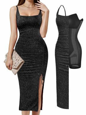 Sparkly Cocktail Dresses for Women Tummy Control Formal Shapewear Dress Square Neck Ruched Midi Dress Side Slit