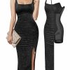 Sparkly Cocktail Dresses for Women Tummy Control Formal Shapewear Dress Square Neck Ruched Midi Dress Side Slit
