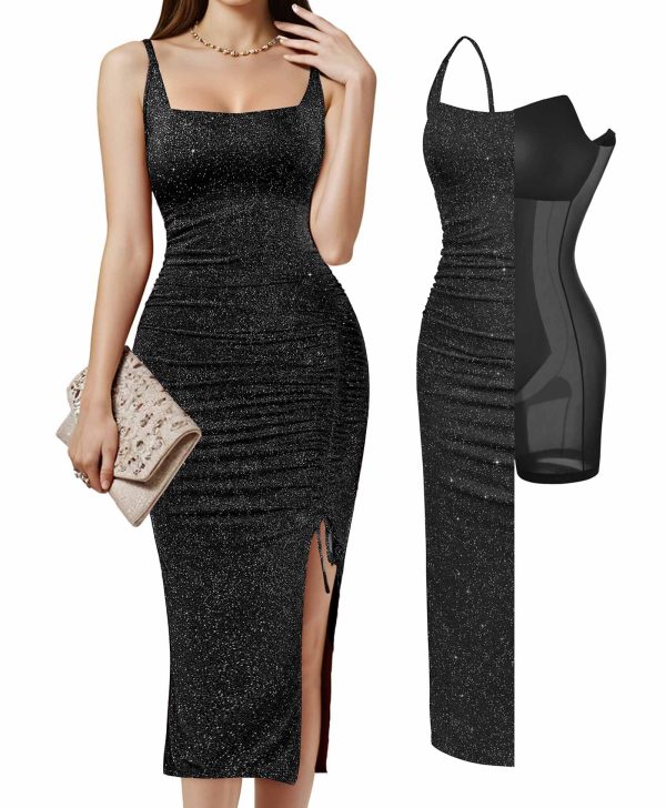 81y1zvLwP0L.jpg Sparkly Cocktail Dresses for Women Tummy Control Formal Shapewear Dress Square Neck Ruched Midi Dress Side Slit