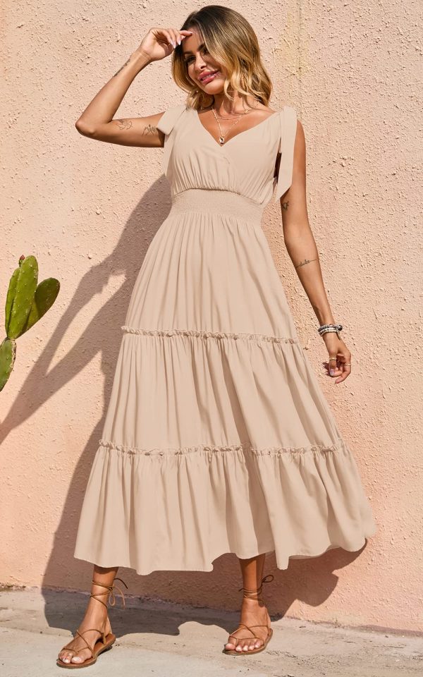 81zpAchUruL.jpg Women's Cross Neck Summer Sleeveless Tiered Maxi Dress Beach Tie Strap Smocked Long Dresses Pleated Sundress