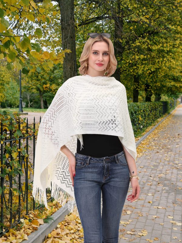 Knit Shawl Wrap for Women - Soul Young Ladies Fringe Knitted Poncho Blanket Cardigan Cape(One Size,Cream White)