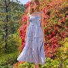 Womens Casual Dresses Strapless Tube Stripped Shirred A Line Blue Beach Vacation Midi Dress Maxi Skirts S