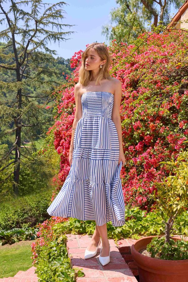 Womens Casual Dresses Strapless Tube Stripped Shirred A Line Blue Beach Vacation Midi Dress Maxi Skirts S