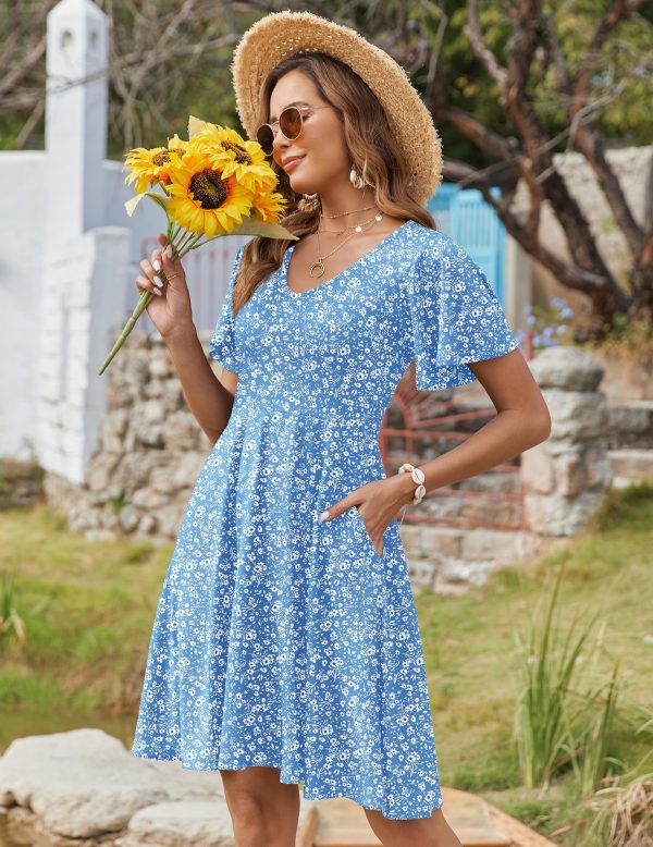 Womens Summer Dress Casual Swing Floral Ruffle Short Sleeve Sundresses Beach Mini A-line Shift Dress 2025 with Pockets
