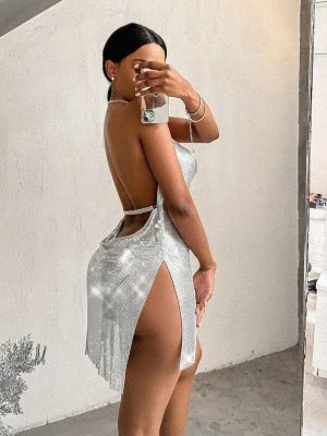 Women's Metallic V Neck Backless Chain Cami Party Dress
