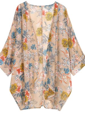 Women's Floral Print Sheer Chiffon 3/4 Bat Sleeve Casual Loose Kimono Cardigan Capes