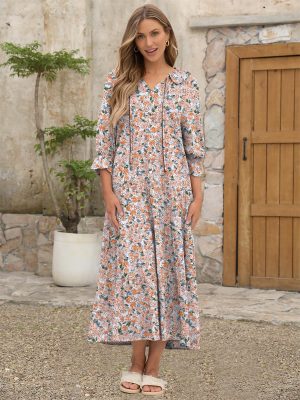 Women's Boho Maxi Dresses 2025 Summer Casual V Neck Puff Sleeve Floral Tiered Flowy Swing Beach Vacation Long Dress