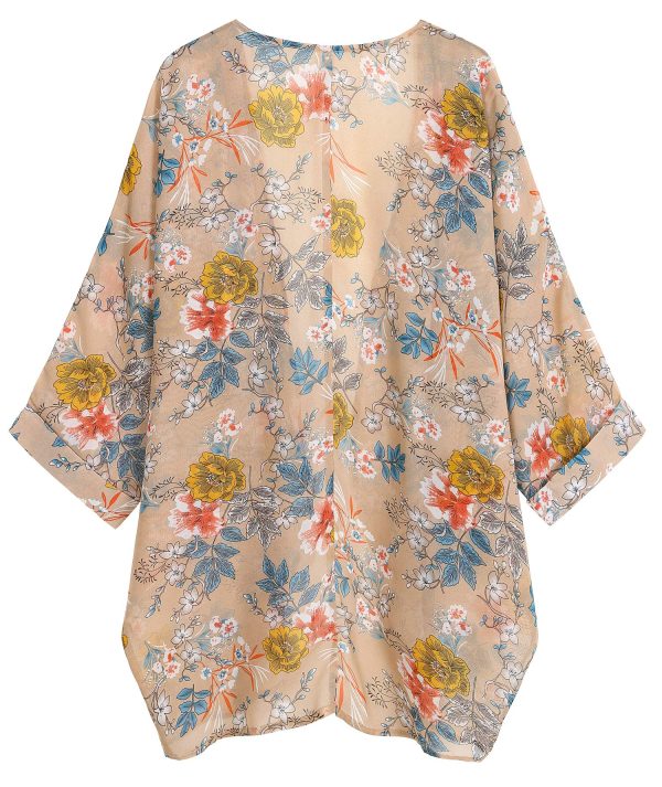 91mxhQTLcHL.jpg Women's Floral Print Sheer Chiffon 3/4 Bat Sleeve Casual Loose Kimono Cardigan Capes