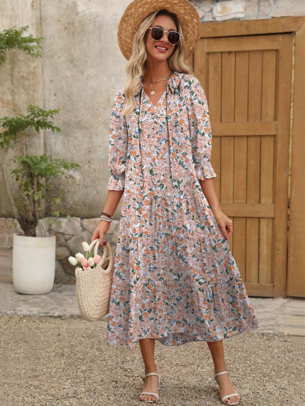Women's Boho Maxi Dresses 2025 Summer Casual V Neck Puff Sleeve Floral Tiered Flowy Swing Beach Vacation Long Dress