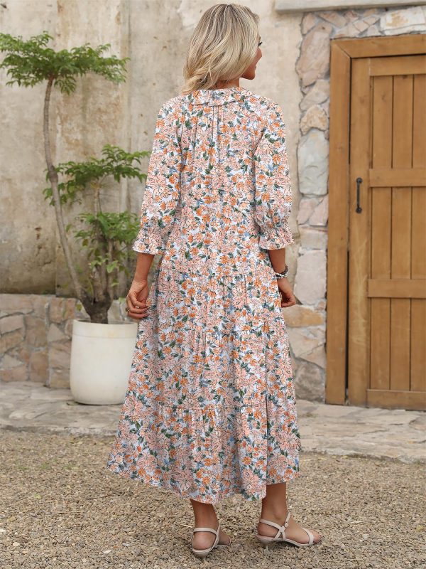 Women's Boho Maxi Dresses 2025 Summer Casual V Neck Puff Sleeve Floral Tiered Flowy Swing Beach Vacation Long Dress