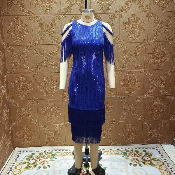 Sexy Elegant Women Sequin Short Sleeve Tassel Bodycon Midi Dress Party Evening Gown Formal Dress