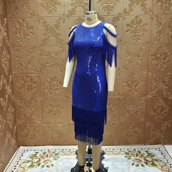 Sexy Elegant Women Sequin Short Sleeve Tassel Bodycon Midi Dress Party Evening Gown Formal Dress
